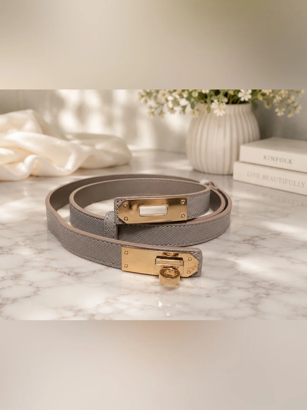 Accessory Concierge Lock Belt Gray Gold Turn Lock M/L Faux Leather New